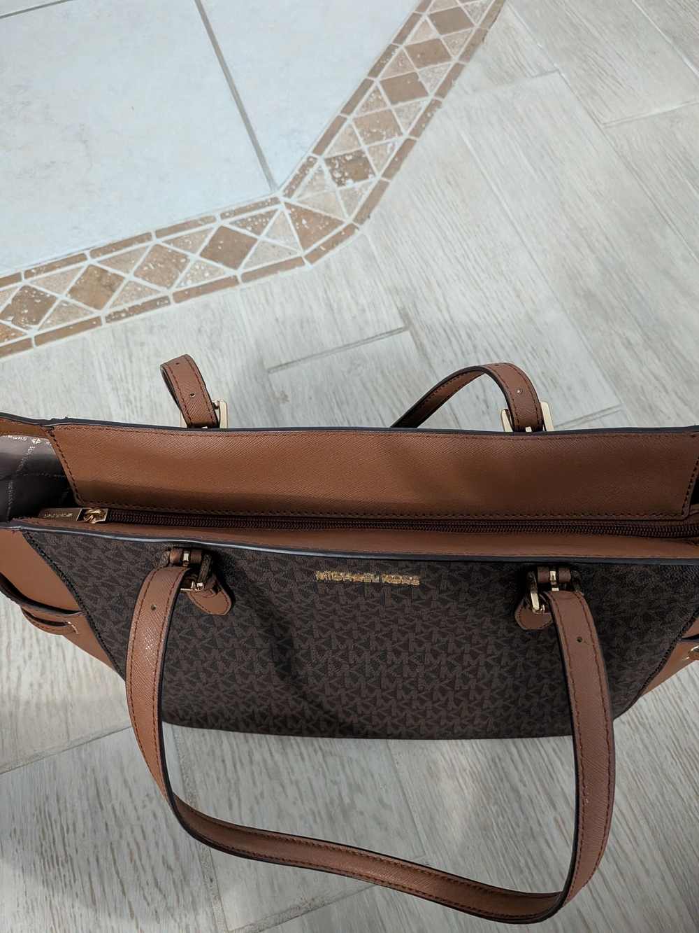 Michael Kors Brown and Dark Brown MK Logo Tote Shoulder Bag - Picture 3 of 4